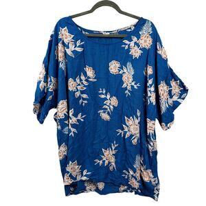 ROXY Floral Tunic Size S Blue Pink Rayon Tunic Dress Cover Up Tropical Casual